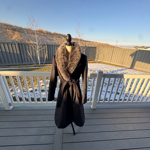 Escalier Black Wool Belted Coat with Genuine Fox Fur Collar Women’s Large Luxury - Picture 6 of 12